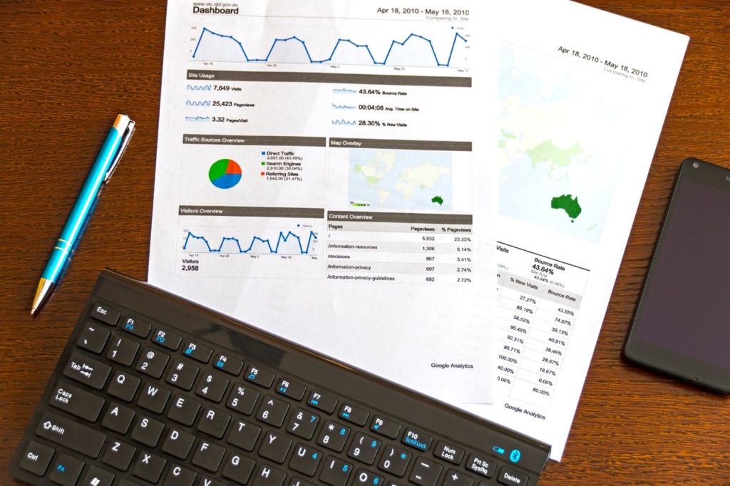 Pure Sunfarms papers containing spreadsheets and graphs on a desk with a keyboard