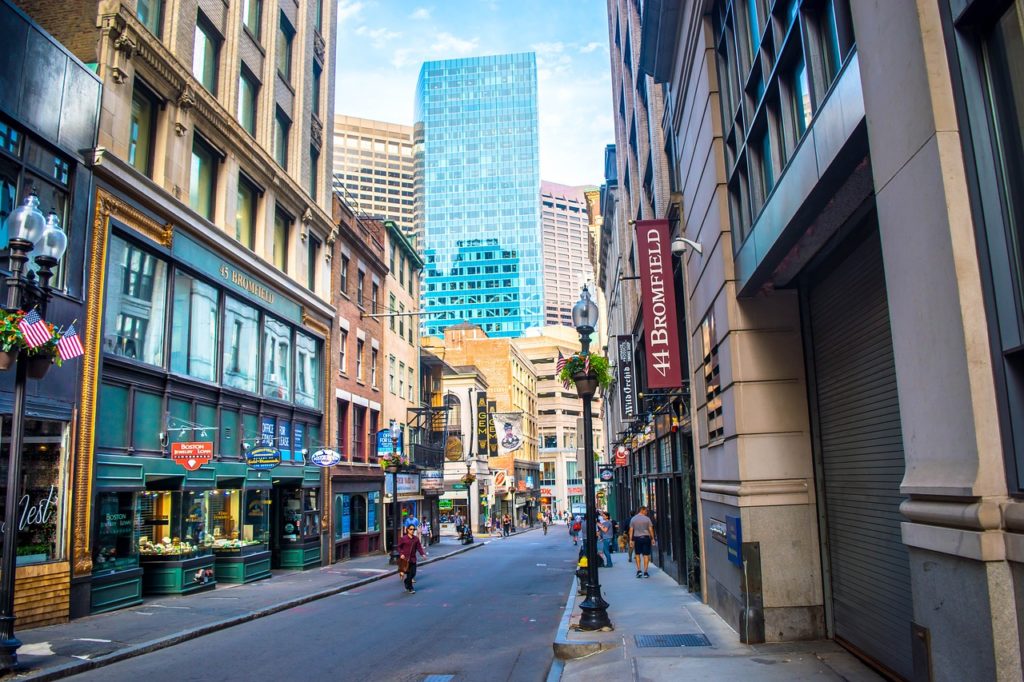 a downtown Boston street, possibly where you can buy legal cannabis in Massachusetts
