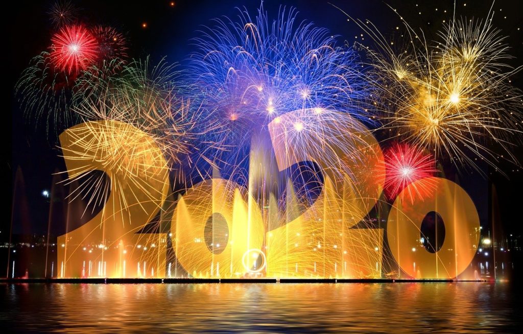 a large new years eve style 2020 with fireworks, representing excitement for the cannabis industry in 2020
